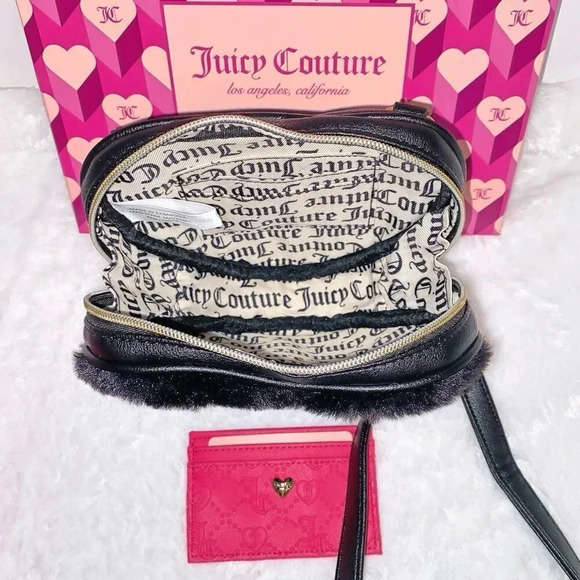 Juicy Couture Faux Fur Black Heart Crossbody Bag & Pink Card Case Wallet Set - Picture 8 of 11